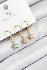 Pirinç Zirkon Taşlı 3'lü Renkli Yıldız Model Gold Renk Kadın Küpe