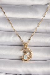 316L Çelik Gold Renk Zirkon Taşlı Hilal Mavi Sedefli Kedi Figür Yıldız Detay Kadın Kolye