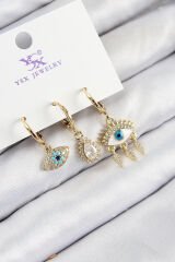 Pirinç Zirkon Taşlı 3'lü Fatma'nın Gözü Model Gold Renk Kadın Küpe