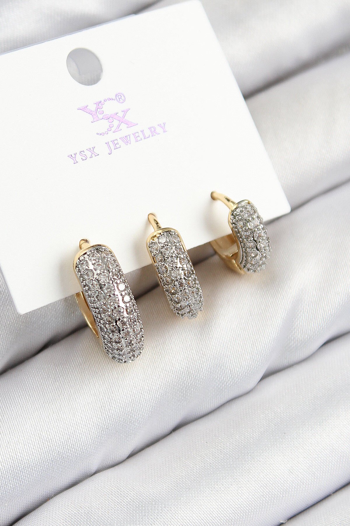 Pirinç Zirkon Taşlı 3'lü Halka Model Gold Ve Gümüş Renk Kadın Küpe