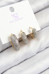 Pirinç Zirkon Taşlı 3'lü Halka Model Gold Ve Gümüş Renk Kadın Küpe