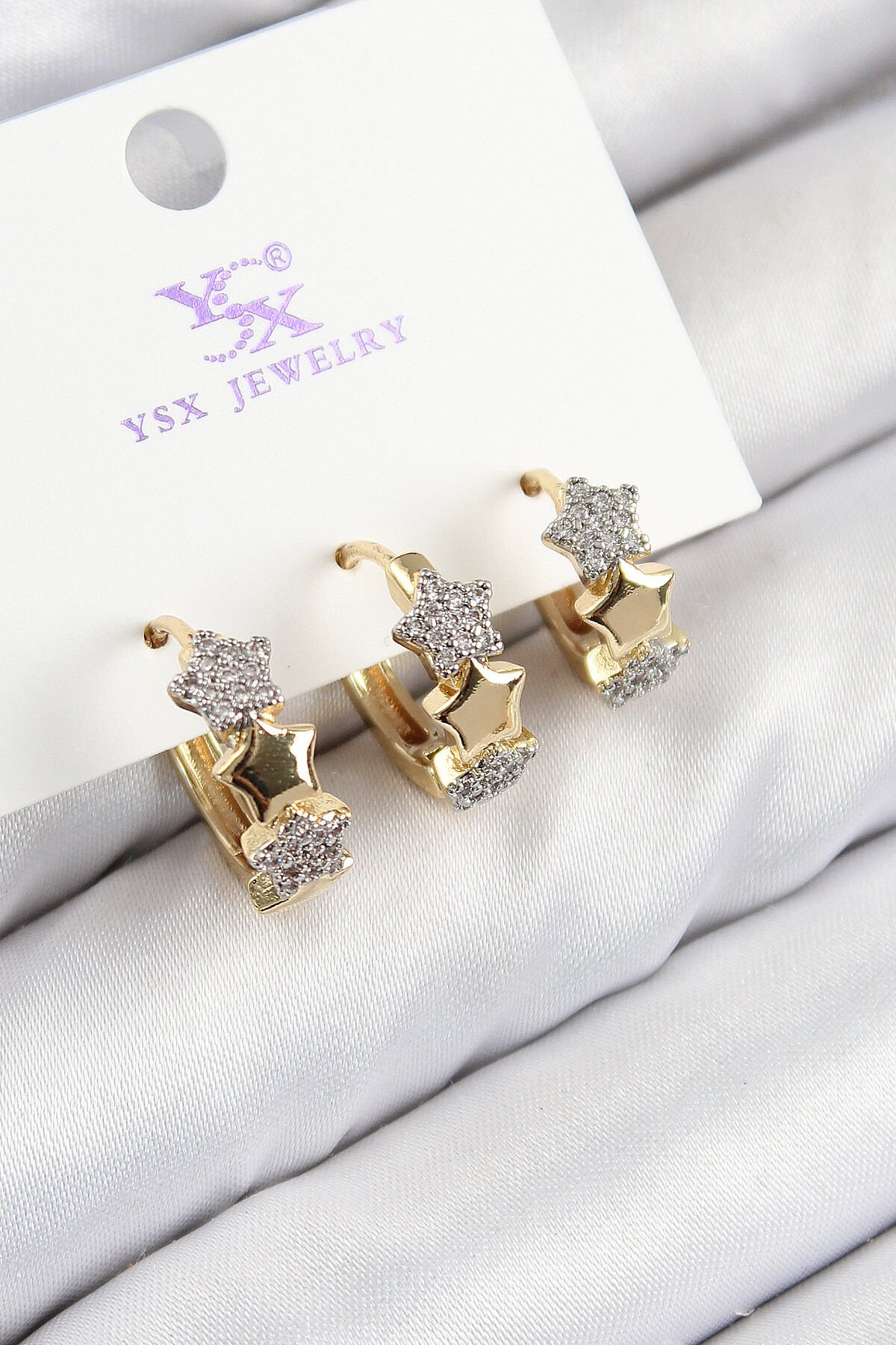 Pirinç Zirkon Taşlı 3'lü Halka Yıldız Model Gold Ve Gümüş Renk Kadın Küpe