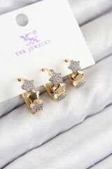 Pirinç Zirkon Taşlı 3'lü Halka Yıldız Model Gold Ve Gümüş Renk Kadın Küpe