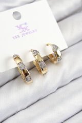 Pirinç Zirkon Taşlı 3'lü Halka Model Gold Ve Gümüş Renk Kadın Küpe