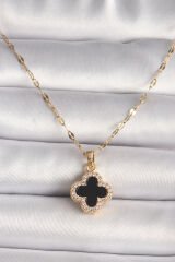 316L Çelik Gold Renk Zirkon Taşlı Siyah Yonca Model Kadın Kolye