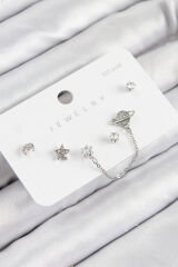 Pirinç Zirkon Taşlı Yıldız Ve Gezegen Model Gümüş Renk 925 Ayar Gümüş Çivi Kadın Küpe Set