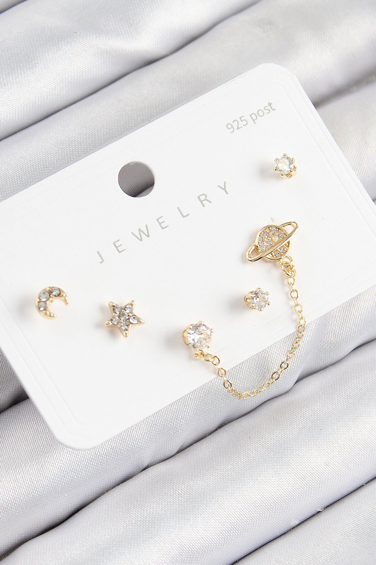 Pirinç Zirkon Taşlı Yıldız Ve Gezegen Model Gold Renk 925 Ayar Gümüş Çivi Kadın Küpe Set