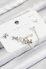 Pirinç Zirkon Taşlı Fiyonk Model Gümüş Renk 925 Ayar Gümüş Çivi Kadın Küpe Set