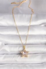 316L Çelik Gold Renk Zirkon Taşlı Pembe Yıldız Model Kadın Kolye