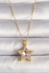 316L Çelik Gold Renk Zirkon Taşlı Pembe Yıldız Model Kadın Kolye
