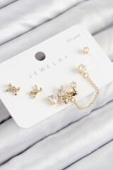 Pirinç Zirkon Taşlı Fiyonk Model Gold Renk 925 Ayar Gümüş Çivi Kadın Küpe Set