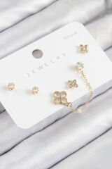 Pirinç Zirkon Taşlı Yonca Model Gold Renk 925 Ayar Gümüş Çivi Kadın Küpe Set