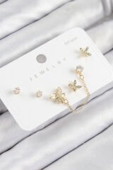 Pirinç Zirkon Taşlı Kelebek Model Gold Renk 925 Ayar Gümüş Çivi Kadın Küpe Set