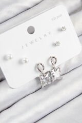 Pirinç Zirkon Taşlı Sallantılı Kare Model Gümüş Renk 925 Ayar Gümüş Çivi Kadın Küpe Set