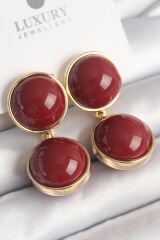 Pirinç Gold Renk Sallantı Bordo Daire Model Kadın Küpe