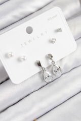 Pirinç Zirkon Taşlı Sallantılı Damla Model Gümüş Renk 925 Ayar Gümüş Çivi Kadın Küpe Set