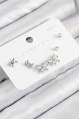 Pirinç Zirkon Taşlı Fiyonk Model Gümüş Renk 925 Ayar Gümüş Çivi Kadın Küpe Set