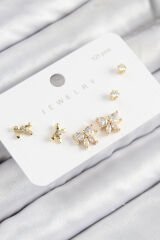 Pirinç Zirkon Taşlı Fiyonk Model Gold Renk 925 Ayar Gümüş Çivi Kadın Küpe Set