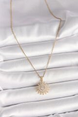 316L Çelik Gold Renk Zincir Zirkon Taşlı Güneş Model Kadın Kolye