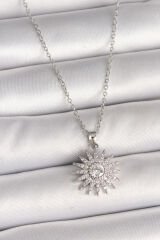 316L Çelik Gümüş Renk Zincir Zirkon Taşlı Güneş Model Kadın Kolye