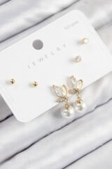 Pirinç Zirkon Taşlı İnci Sallantılı Damla Model Gold Renk 925 Ayar Gümüş Çivi Kadın Küpe Set
