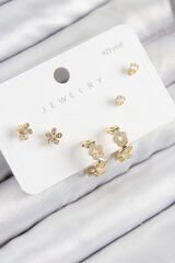 Pirinç Zirkon Taşlı Halka Model Gold Renk 925 Ayar Gümüş Çivi Kadın Küpe Set