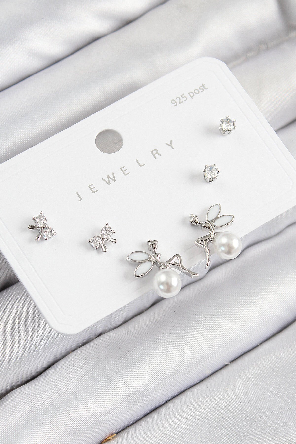 Pirinç Zirkon Taşlı İnci Melek Model Gümüş Renk 925 Ayar Gümüş Çivi Kadın Küpe Set