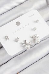 Pirinç Zirkon Taşlı İnci Melek Model Gümüş Renk 925 Ayar Gümüş Çivi Kadın Küpe Set