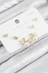 Pirinç Zirkon Taşlı İnci Melek Model Gold Renk 925 Ayar Gümüş Çivi Kadın Küpe Set