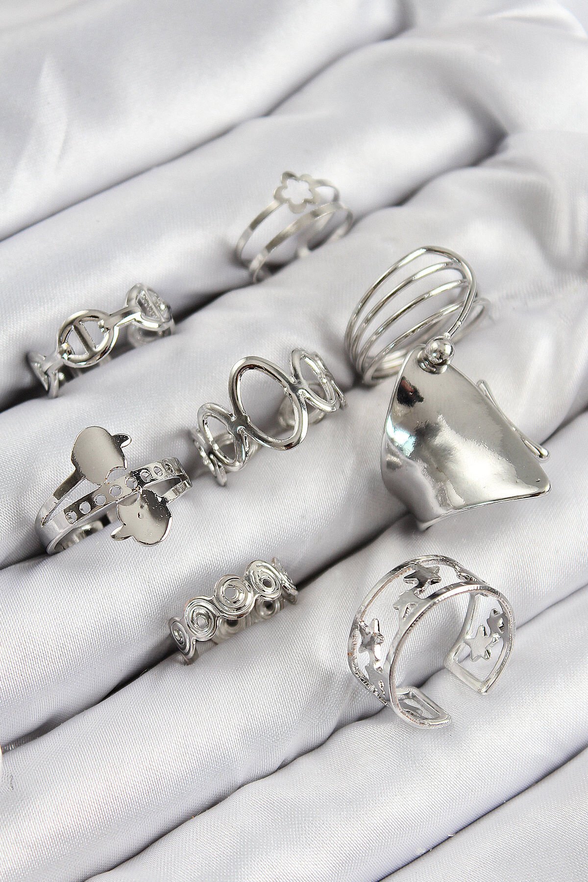 Pirinç Sarmal Ve Yıldız Model Gümüş Renk Kadın Yüzük Kombin Set