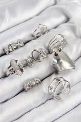 Pirinç Sarmal Ve Yıldız Model Gümüş Renk Kadın Yüzük Kombin Set