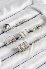 Pirinç Kelebek Model Gümüş Renk Kadın Yüzük Kombin Set