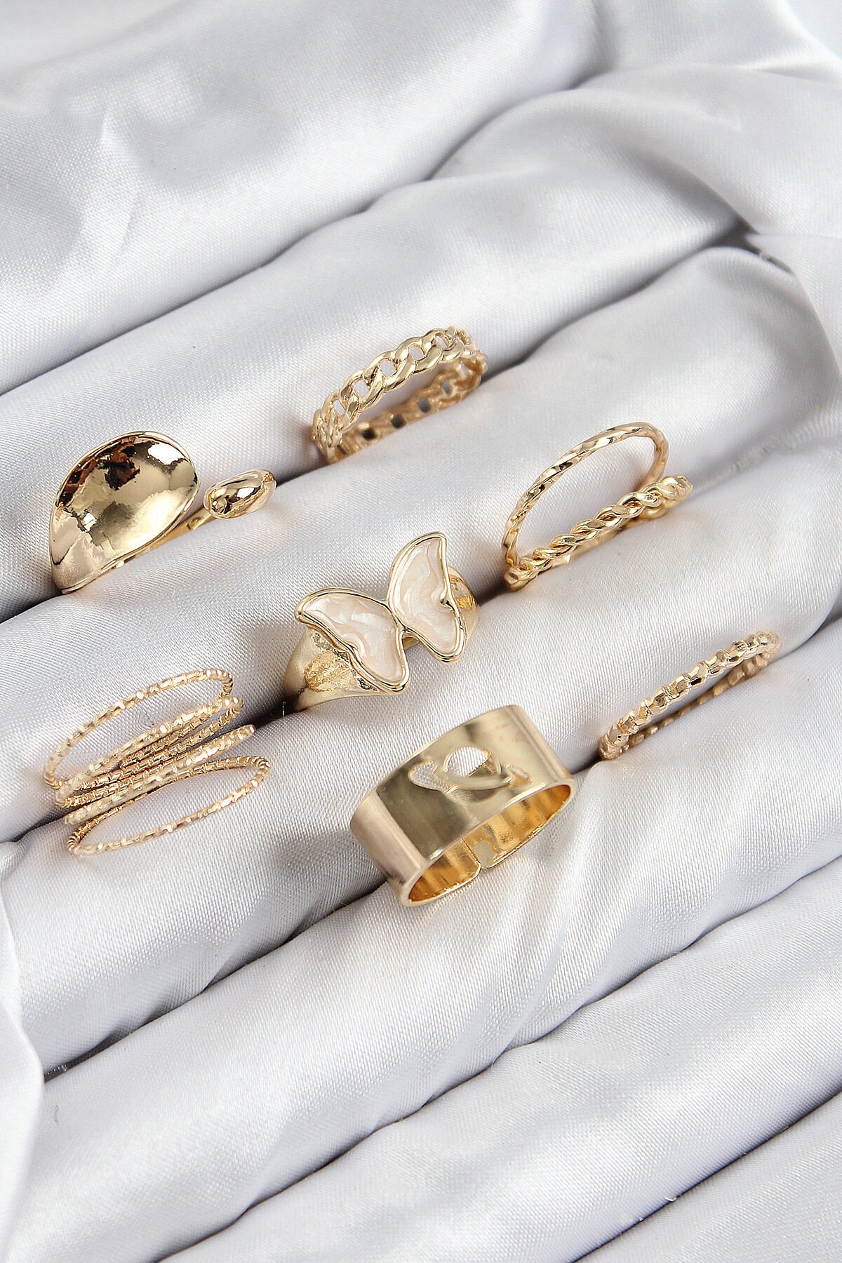 Pirinç Kelebek Model Gold Renk Kadın Yüzük Kombin Set