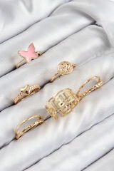 Pirinç Kelebek Ve Kalp Model Gold Renk Kadın Yüzük Kombin Set