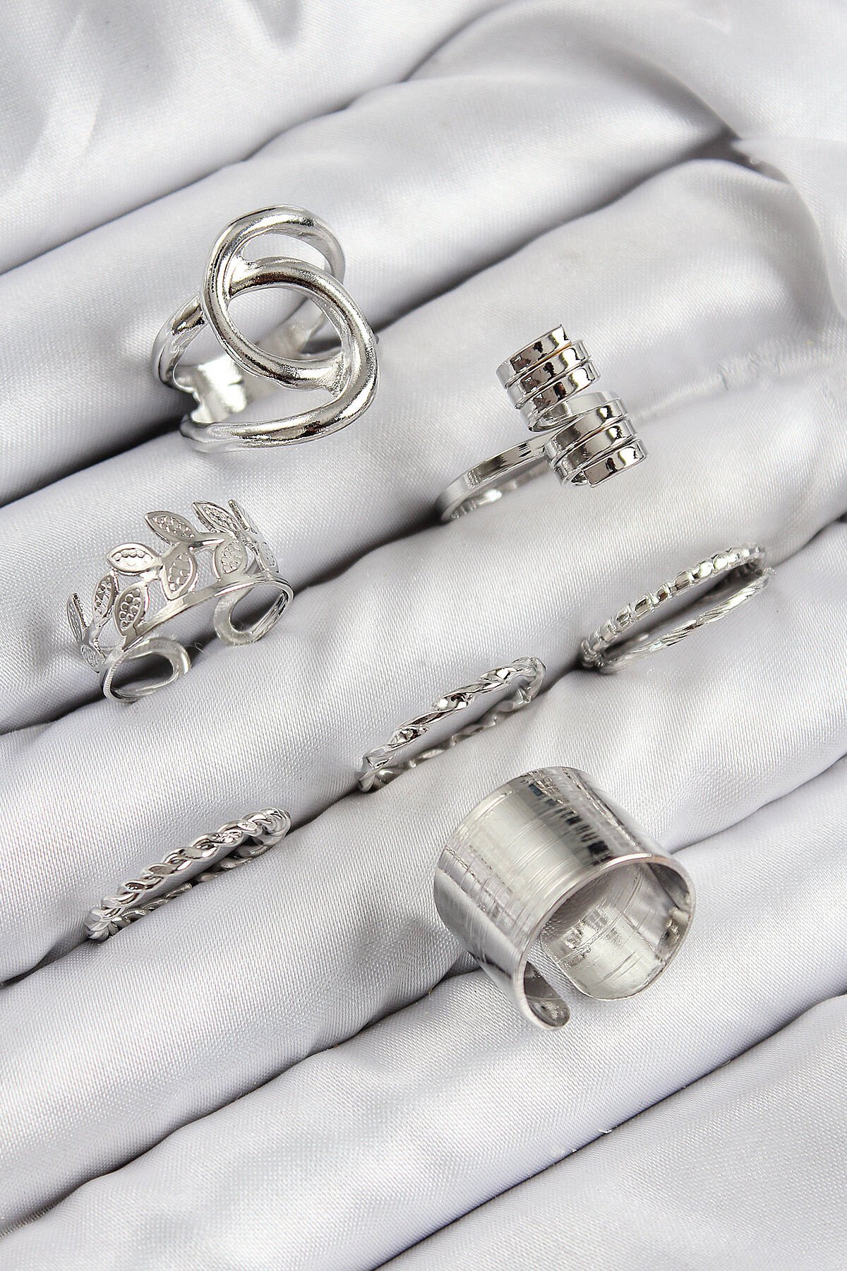 Pirinç Yaprak Model Gümüş Renk Kadın Yüzük Kombin Set