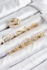 Pirinç Zirkon Taşlı Fiyonk Ve Kalp Model Gold Renk Kadın Yüzük Kombin Set