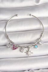 Pirinç Gümüş Renk Sallantı Zirkon Taşlı Kutup Yıldız Figür Kalp Detay Charm Kadın Bileklik