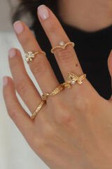 Gold Renk Zirkon Taşlı Papatya Figür Kadın Yüzük Kombini