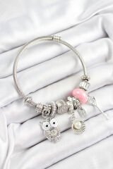 316L Çelik Pembe Zirkon Taşlı Baykuş İstiridye Ve Anahtar Model Gümüş Renk Charm Bileklik