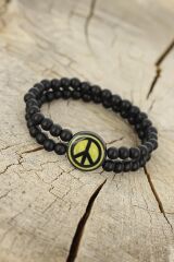 Barış Figürlü Siyah Metal Aksesuarlı Siyah Oniks Doğal Taş Erkek Bileklik