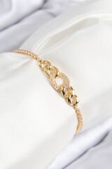 Pirinç Zirkon Taşlı Zincir Model Gold Renk Asansörlü Kadın Bileklik