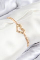 Pirinç Zirkon Taşlı Kalp Model Gold Renk Asansörlü Kadın Bileklik