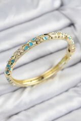 Mineli Pirinç Zirkon Taşlı Turkuaz Krem Çiçek Motifli Gold Kadın Kelepçe