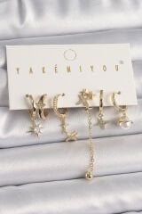 Pirinç Gold Renk Zirkon Taşlı Yıldız Model Kadın Küpe Kombini