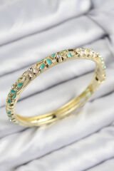 Mineli Pirinç Zirkon Taşlı Turkuaz Çiçek Motifli Gold Kadın Kelepçe